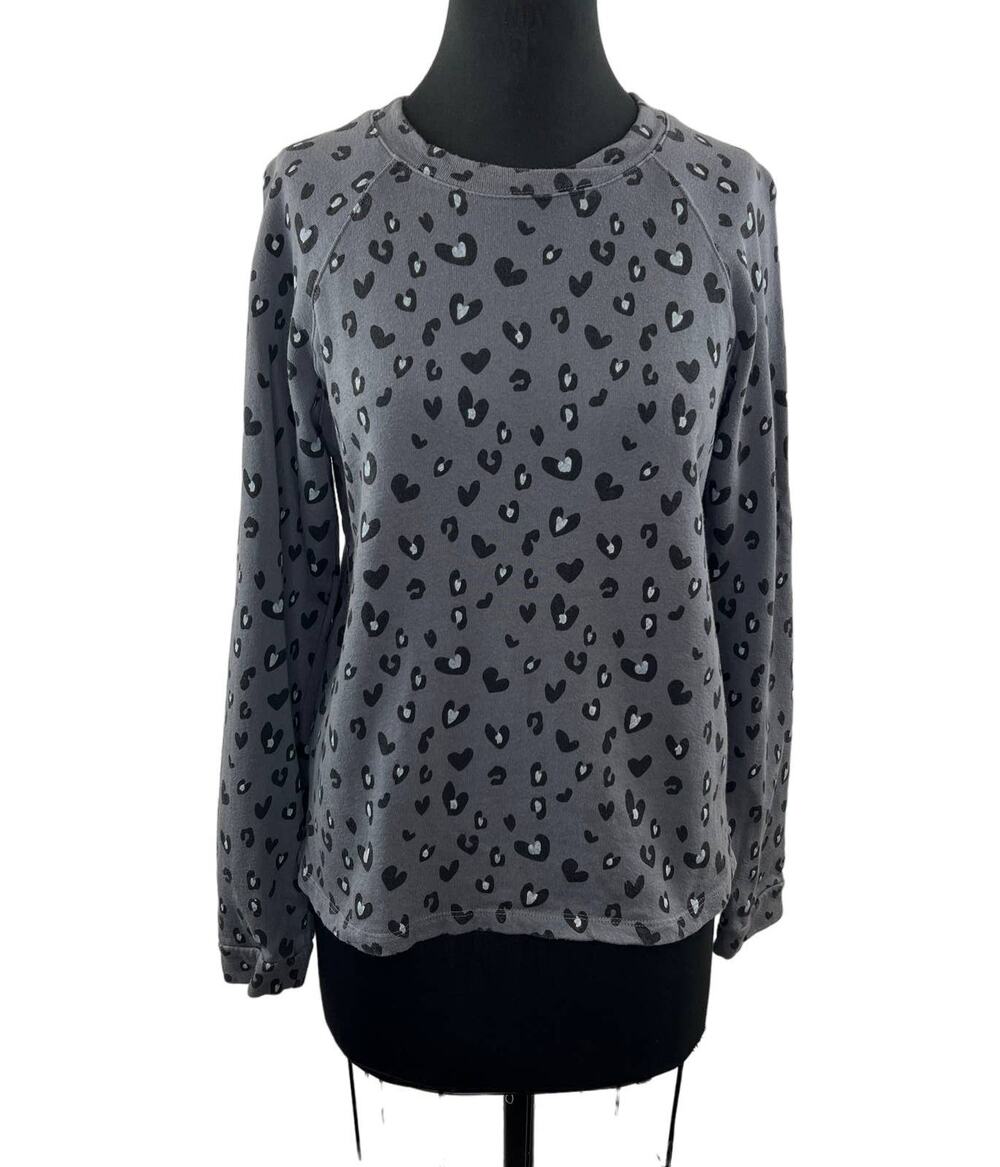 MONROW Gray Black Leopard Hearts Printed Crew Neck Sweatshirt Pullover S
